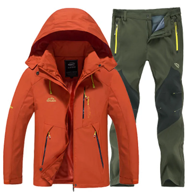 Зимний спортивный костюм для мужчин, походная куртка и походные брюки, флисовая подкладка, термальный лыжный костюм, ветронепроницаемое пальто для альпинизма
