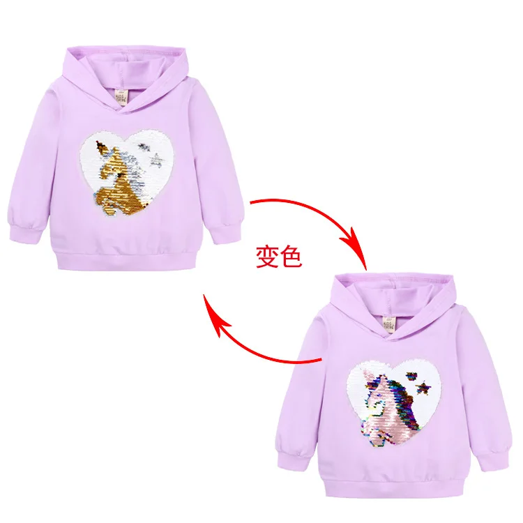 Детские толстовки с капюшоном с единорогом; сезон весна-осень; двусторонний свитшот с блестками; футболка с рисунком для маленьких девочек; детская блузка с капюшоном для малышей - Цвет: Unicorn purple