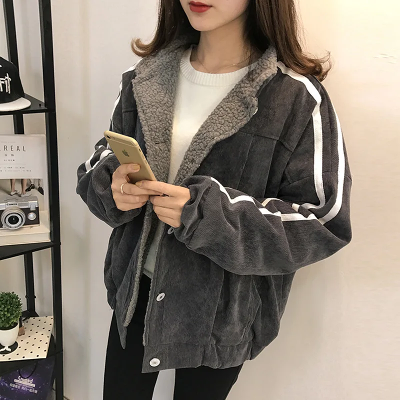 

Plus Velvet Jacket Middle School Students Sleeve Cotton Coat GIRL'S Corduroy Thick Bat Korean-style Long Sleeve Korean-style Lam