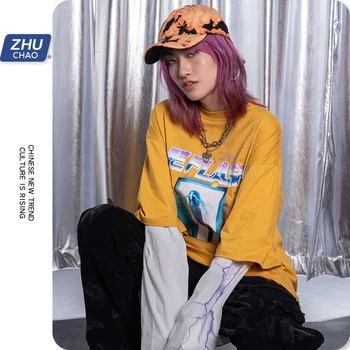 

Sweatshirt Fake two piece color matching sci-fi flash print long sleeve t-shirt men's autumn fashion brand bottom tops lovers