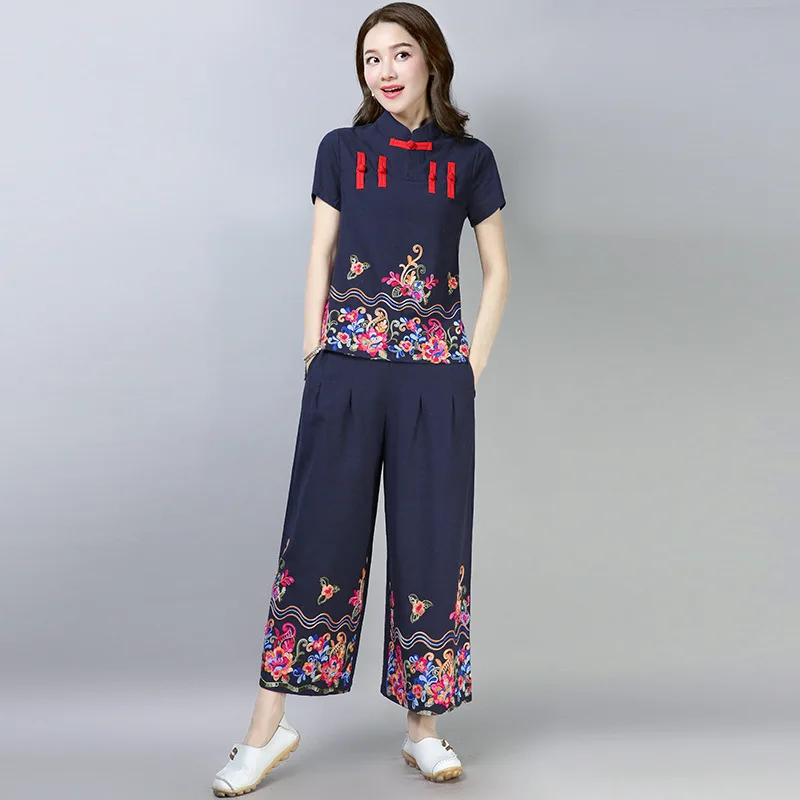 

2019 Ethnic-Style New Style Cotton Linen WOMEN'S Suit Summer Elegant Chinese Style Retro Embroidered-Style Two-Piece Women's