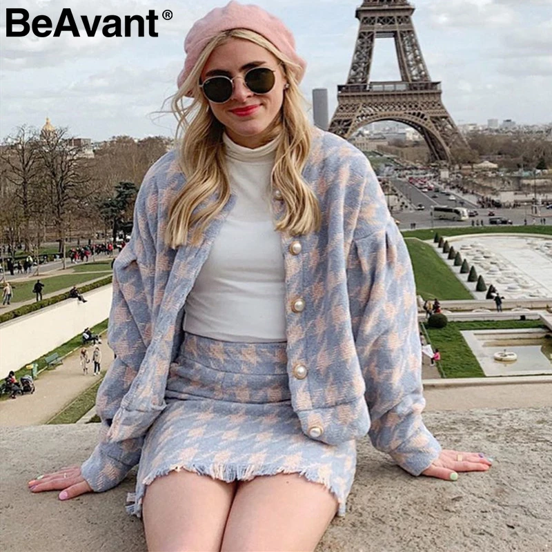 BeAvant, модная уличная одежда, клетчатое платье, женское, повседневное, две части, однобортный костюм, набор, шикарное, осень, зима, синее, женское, теплое платье