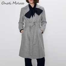 Onoti Molazo Coats Woolen Long Windcheater Casual Winter Sashes Pockets Chic Elegant Ladies Windbreaker Coat Female New