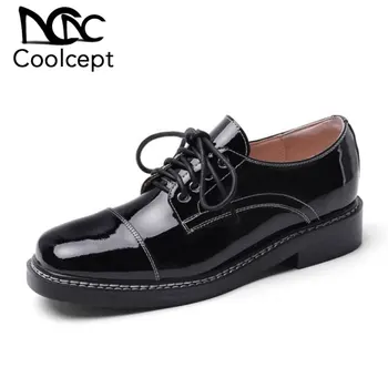 

CoolCept Office Ladies Flats Genuine Leather Classics Vintage Shoes Women Leisure Lace Up Flat Shoes Footwear Size 33-43