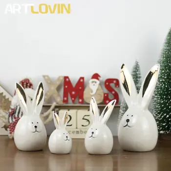 

Mr & Ms Rabbit Figures New Year Home Decor Figurines Ceramic Animal Miniatures Christmas Home Decoration Gold Plating Ornament