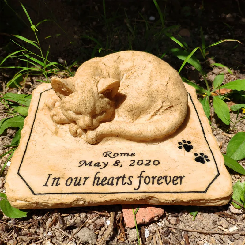 

Personalized Cat Memorial Stones with A 3-D Sleeping Cat On The Top Paw Print Outdoors Indoors forGarden Backyard Grave Markers