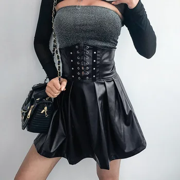 

2019 Fashion Women Skirt High Waist Summer Party Club Gothic Bandage Faux Leather A Line Skirts Streetwear