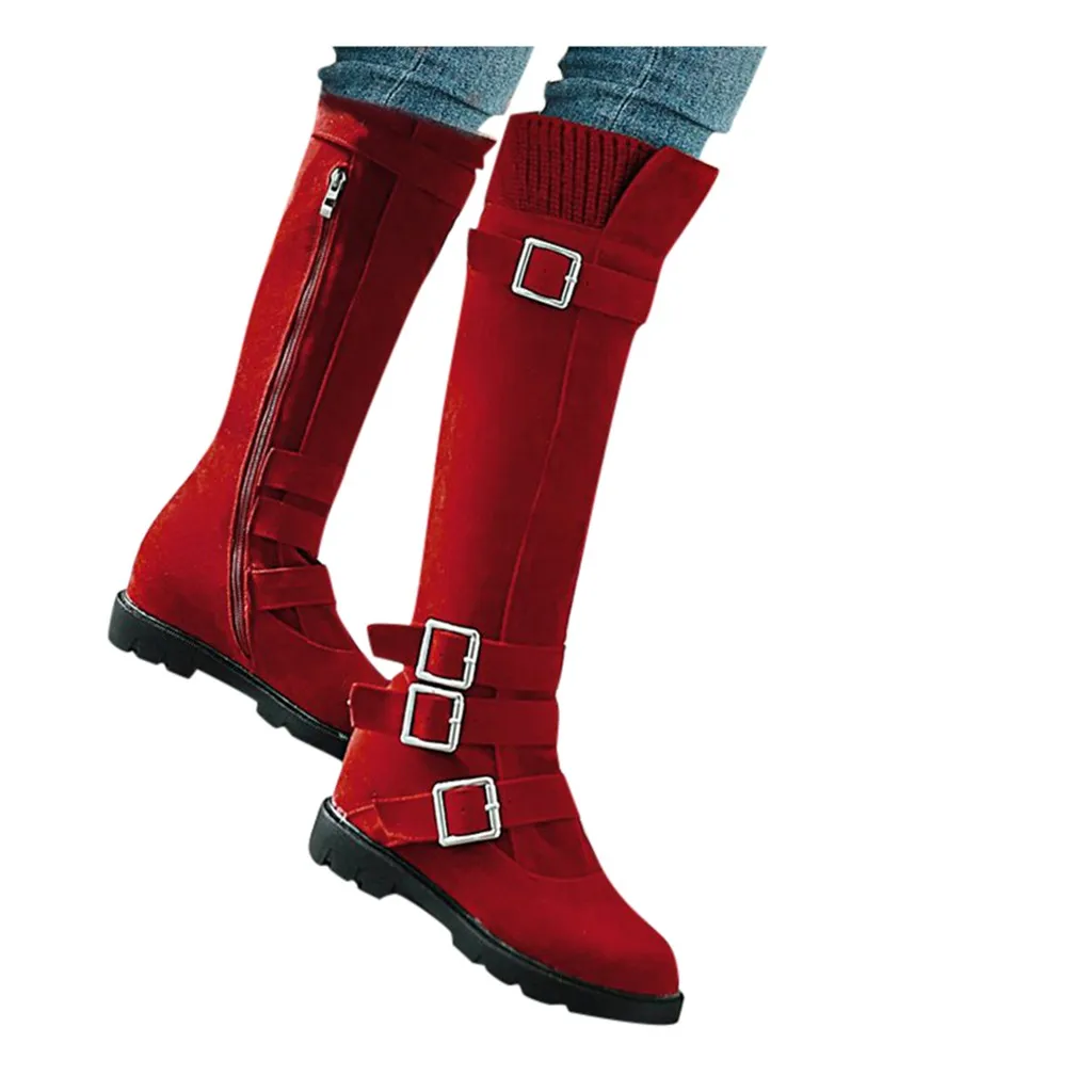 Red JAYCOSIN/женские ботинки; коллекция года; Роскошные Длинные Зимние ботильоны; однотонные женские ботинки на квадратном каблуке; повседневные ботинки из флока; - Цвет: Red