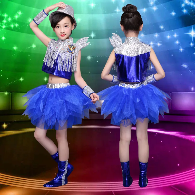 Kids jazz Dance Costumes For Kids Blue Modern Dance Costumes Hip Hop Costume For Kids Cirls Sequins Tassels Stage Costume  (2)