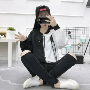 

Women Spring Autumn Wild Patch Color Matching Loose Long-sleeved Baseball Uniform Coat Women