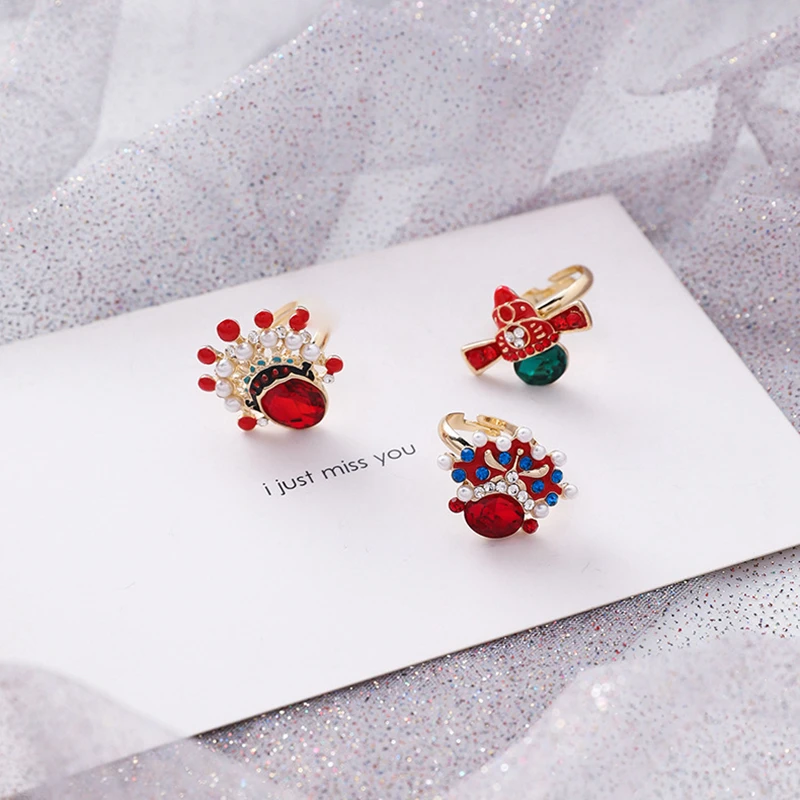 

Temperament Peking Opera Faces Masks Rings Retro Simulated Pearl Female Rhinestone Opera Ring Hand Jewelry Traveling Gift