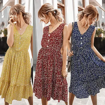 

Women Fashion Flower Print Sleeveless V-Neck Button Casual Sundress Dress pleated female casual straight dress#S