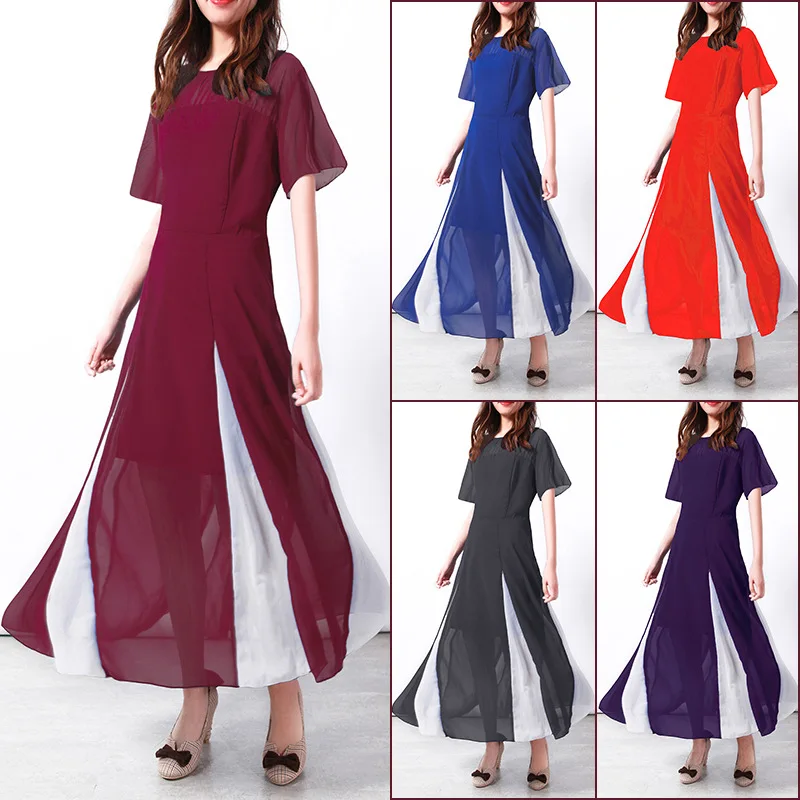 

2019 Women Casual Patchwork A-Line Dress O-neck Short Sleeve Elegant Party Dresses Office Lady Women ankle Length Dress Vestido