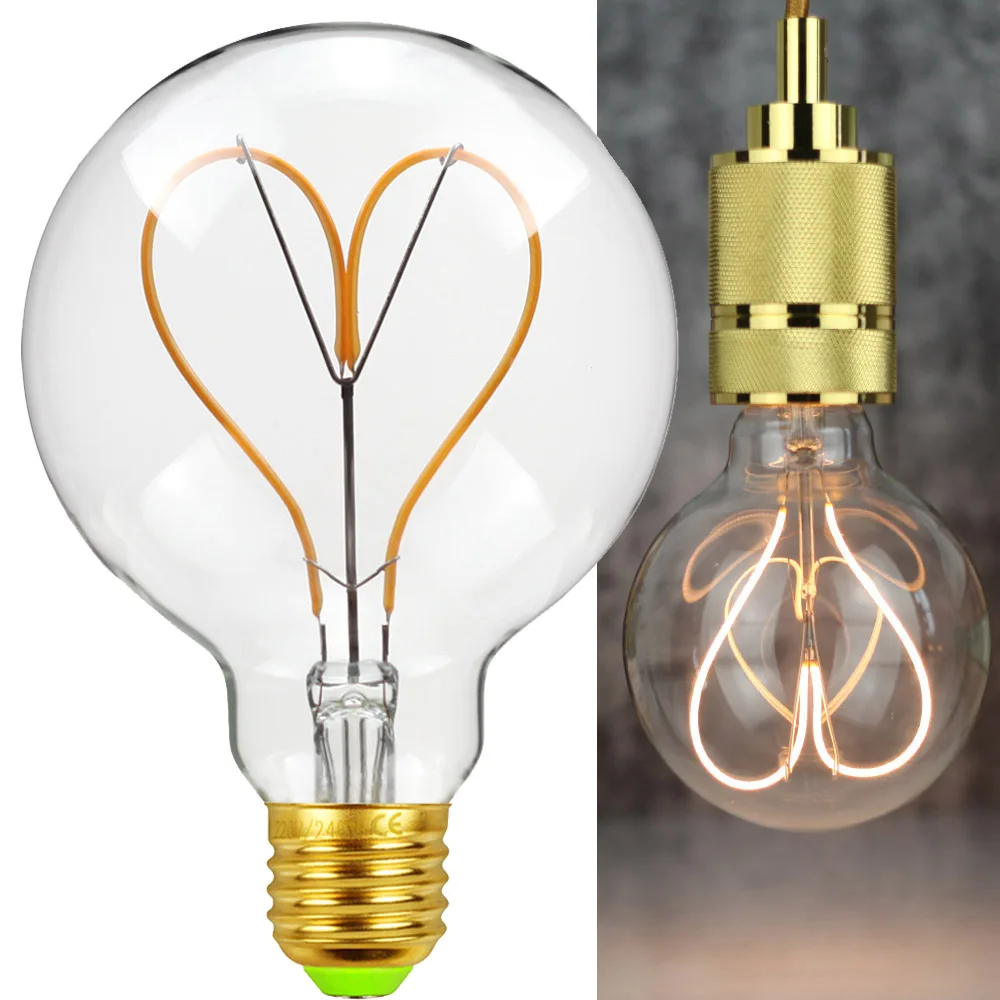 TIANFAN Ampoule Led Light Lamp E27 4W Filament Clear Edison Bulb G95 Heart Dimmable Globe Lamp Home Decoration vintage t45 led e27 bulb 220v dimmable e26 110v 6w clear glass tube shape pendant warm white retro filament lamp decoration home