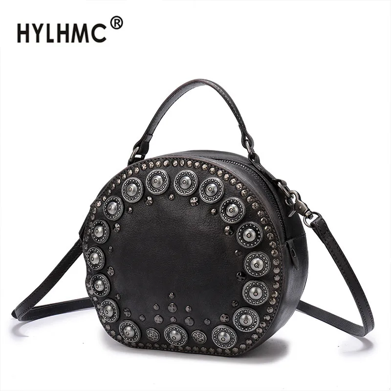 

2020 New Original Retro leather handbag Women bag Handmade Rivet Round Tote Bag genuine Leather small Shoulder Crossbody Bags