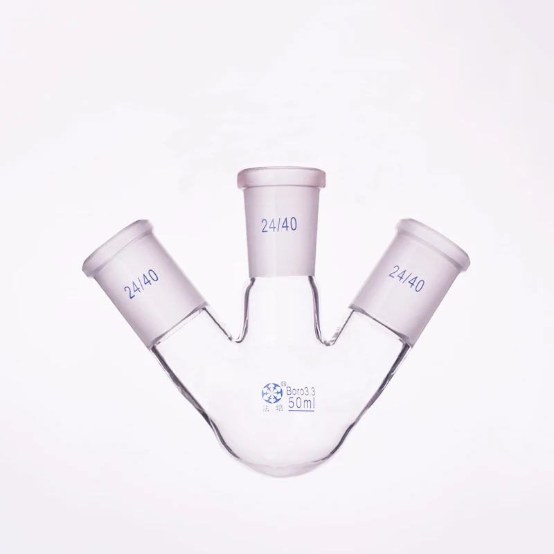 

Three-necked flask oblique shape,with three necks standard grinding mouth,Capacity 50ml,Middle joint 24/40,lateral joint 24/40