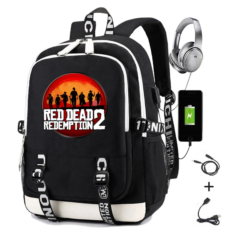 Red Dead Redemption 2 Backpack with USB Charging Boys Girls School Bag Casual Men Travel Laptop Backpack Student Bookbag - Цвет: Black 02