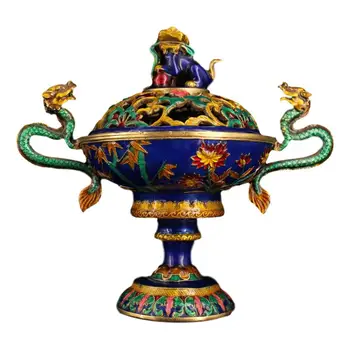 

LaoJunLu Pure Copper Cloisonne Dragon Ear Lion Cover Incense Burner Imitation antique bronze masterpiece collection of