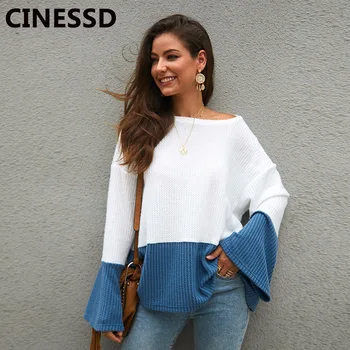 

CINESSD Autumn Winter Knitted Sweaters Women O Neck Flare Long Sleeve Striped Patchwork Casual Loose Tops 2019 Pullover Sweater