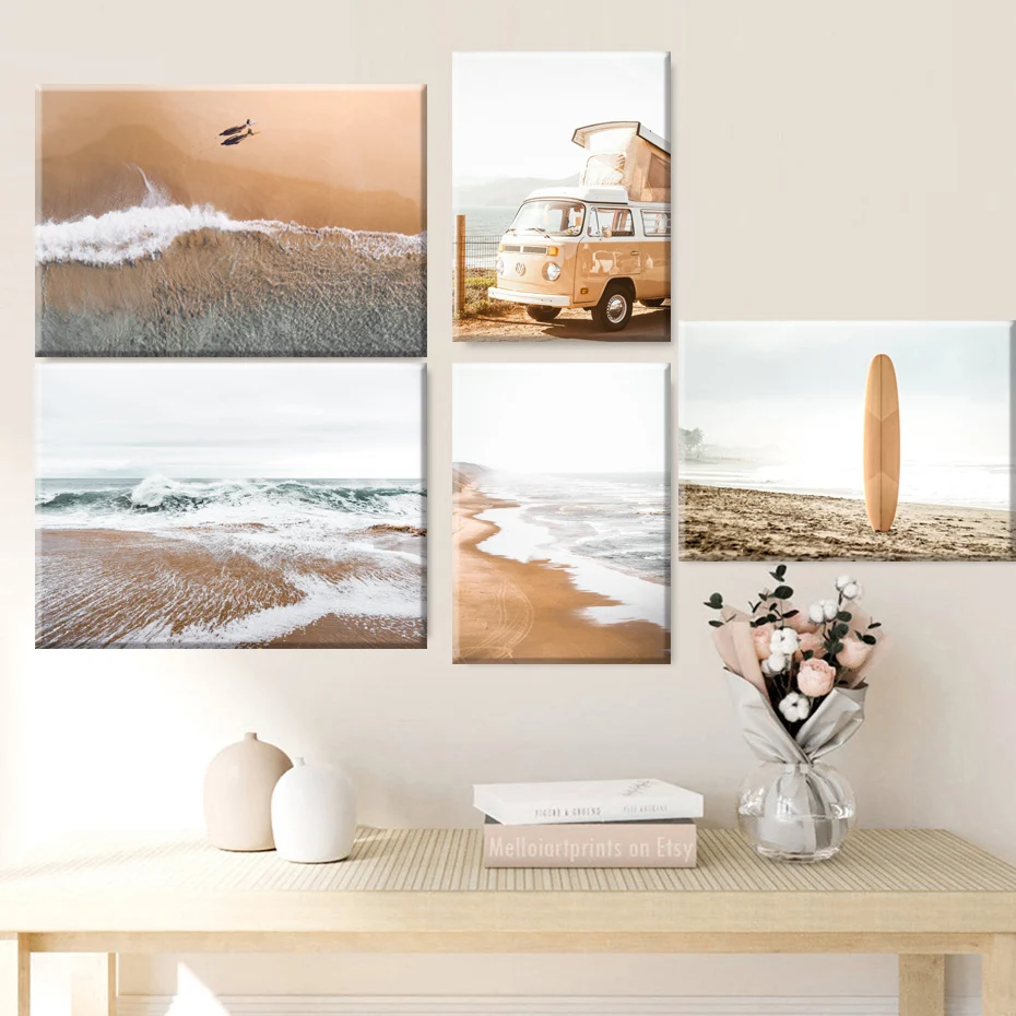Bohemia Sea Beach Bus Waves Sailboat Canvas Painting Wall Art Nordic Posters and Prints Pictures for Living Kids Room Decor | Дом и сад