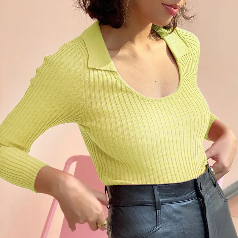 

Turn Down Collar Women Sweater European Style Slim Female Knitwear 2022 New Fashion Solid Spring Autumn Ladies Knitted Pullovers