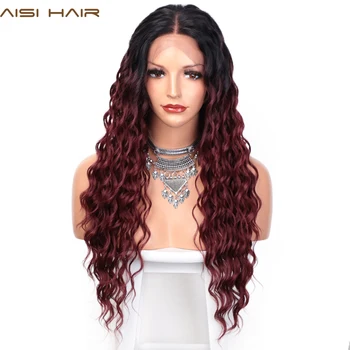 

AISI HAIR Long Deep Wave Wig Synthetic Wig for Women 13x4 Lace Front Wigs Omber Wine Red Middle Part Heat Resistant Fiber