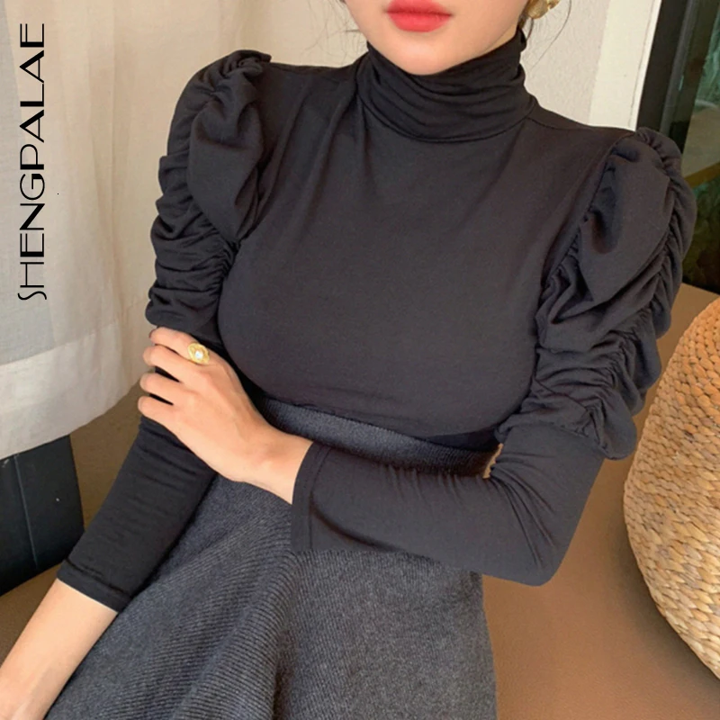 Comprar SHENGPALAE 2020 nueva moda Primavera Puff manga sólido negro cuello alto delgado camiseta mujer calle alta Casual camiseta femenina A31