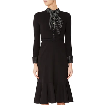 

Elegant Slim Office Dress For Women 2019 Polka Dot Patchwork Ruffles Midi Mermaid Dress High Quality