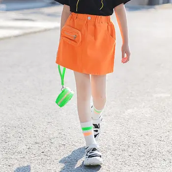 

Summer New Girl Denim Skirt Fashion Solid Color Orange Mini Skirt New Arrivals Straight Skirt Korean Short Skirt Teen 4-13Yrs