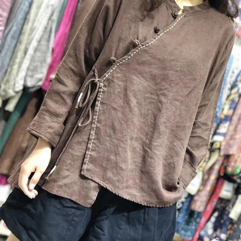 Spring Autumn Arts Style Women Long Sleeve Loose Shirt Vintage Button Solid Cotton Linen Blouses Plus Size Blusa Feminina S584 black long sleeve top Blouses & Shirts