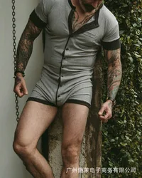 2021 Summer Fashion New Homewear Sleep Bottom Buttoned Casual Home Conjoined Men Playsuits Short Sleeve Overalls