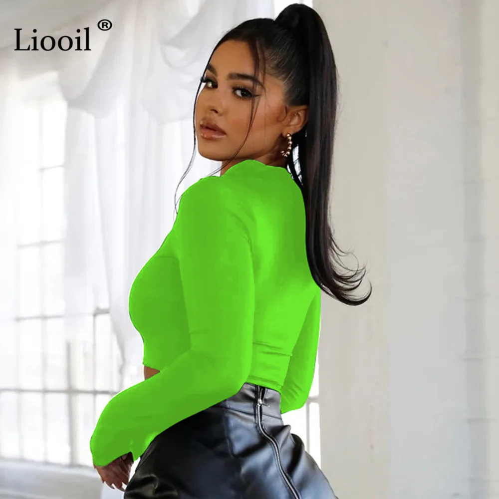 Liooil, зеленый облегающий короткий топ, черный, белый, Сексуальная футболка, весенняя, осенняя одежда для женщин, длинный рукав, водолазка, пуловер, топы