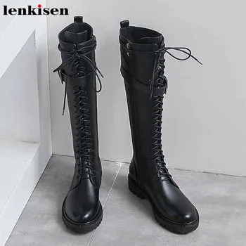 

Lenkisen winter fashion lace up cow leather solid boots belt buckle med heels round toe back zipper women thigh high boots L49
