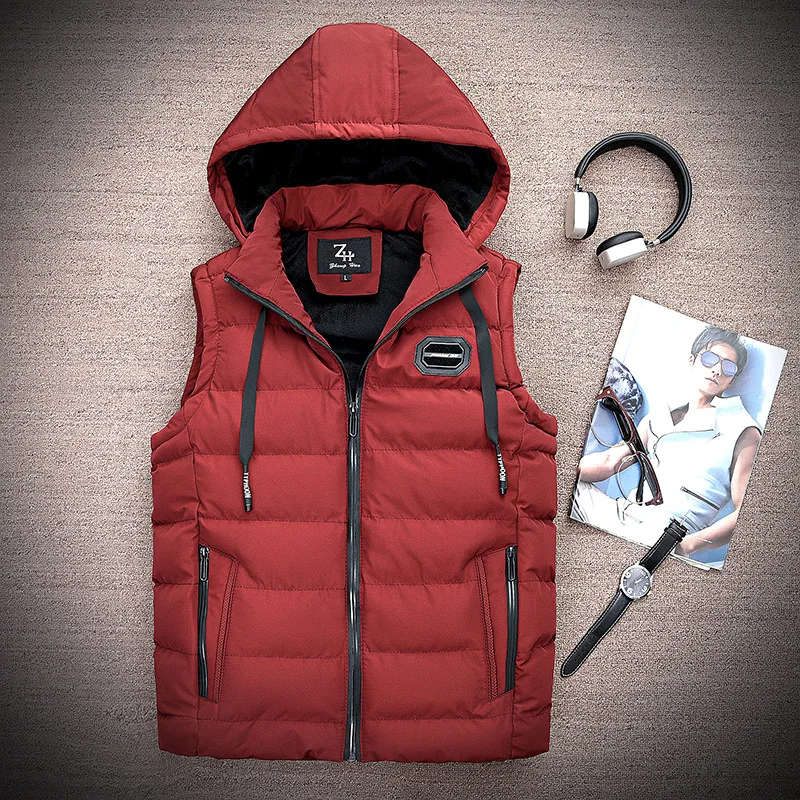 Autumn& Winter down Feather Cotton Vest Men's Brushed And Thick Hooded Warm Coat Vest Waistcoat Vest Large Size Loose-Fit Fashi