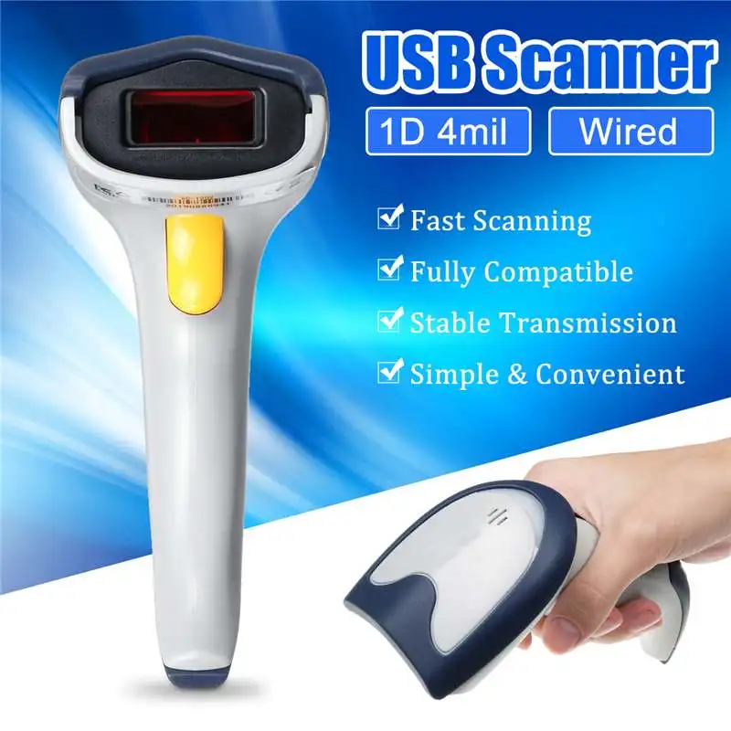 

DC 5V Handheld 1D Laser Barcode Scanner CCD USB Wired Automatic Barcode Reader Anti-Shock Scanner 4mil White