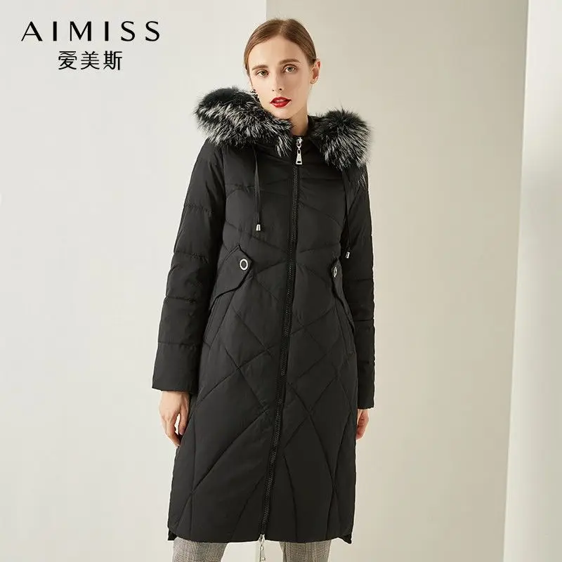 AIMISS Новая модная женская черная пуховая куртка с капюшоном, с перьями, на молнии, свободная теплая верхняя одежда