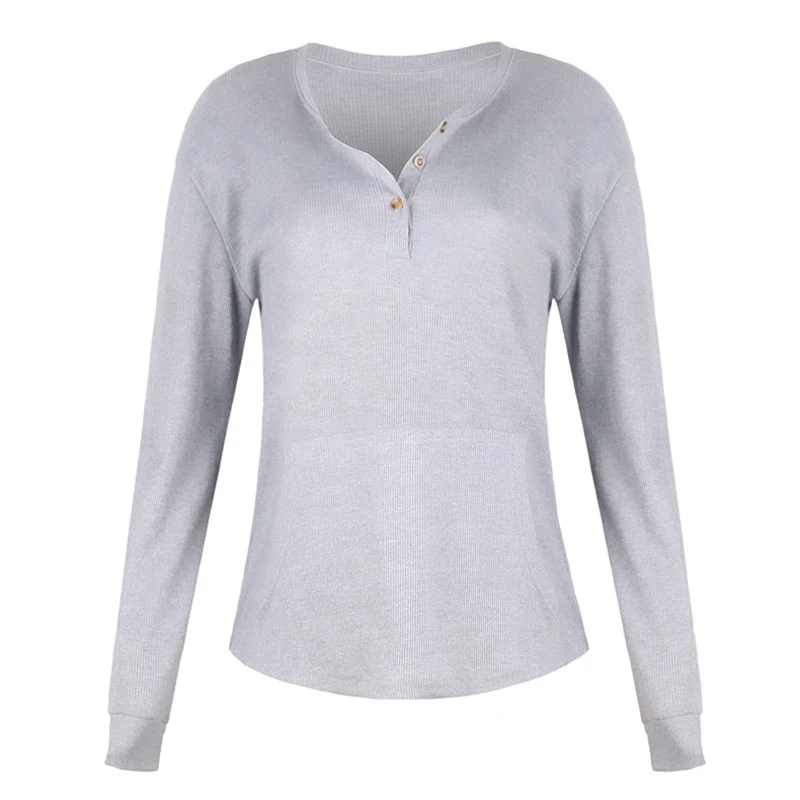 light gray Модные S-5XL, большие размеры, длинный рукав, v-образный вырез, одноцветная футболка, повседневный женский топ, Винтажная Футболка - Цвет: light gray