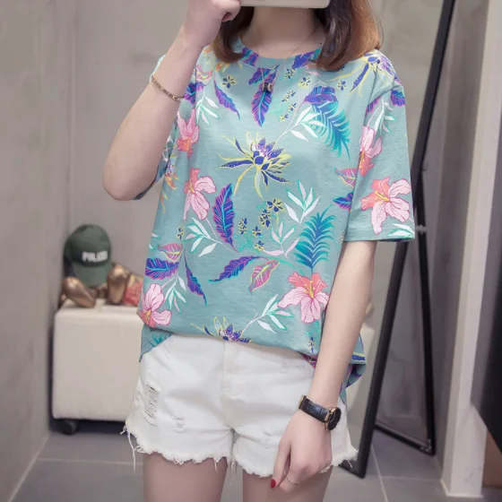 Летняя женская футболка с цветочным принтом короткий рукав новинка 2020 бамбук