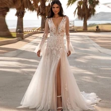 

Boho Flare Sleeves Tulle Weeding Dress 2022 Beach V-Neck Side Split A-Line Lace Appliques Bridal Gowns Illusion Back With Button