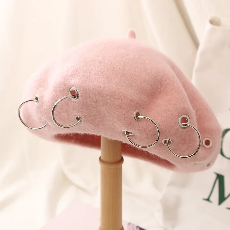 Шапки осень/зима новые Harajuku береты железное кольцо берет шляпа девушки Мода Теплый черный Берет французская шляпа barot - Цвет: light pink