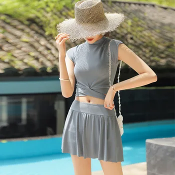 

Swimwear Women Swimsuit Fused Suit For Surfing Push Up Woman Bikini 2019 High Waist Cover Abdomen Split Skirt Solid Polyester