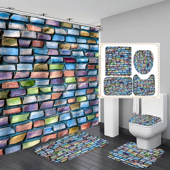 

Shower Curtain, Bathroom Curtains Accessories-3D Colorful Brocks Wall