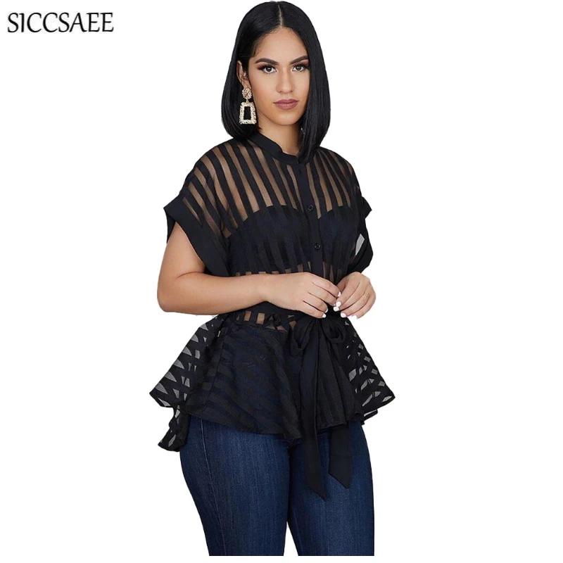 

Striped Print See Through Batwing Sleeve Blusas Femininas Asymmetrical Blouse Peplum Shirt Camisa Tops Ropa Mujer Sexy Cardigan