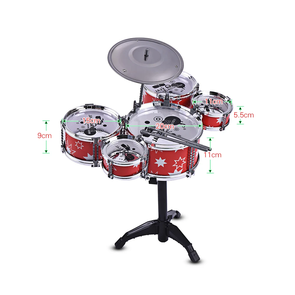 Children Kids Jazz Drum Set Kit Musical Educational Instrument Toy 5 Drums+ 1 Cymbal with Small Stool Drum Sticks for Kids