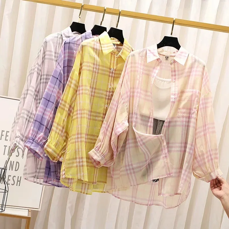 Plaid Shirt Women 020 Thin Bat Lantern Sleeve Sunscreen BF Coat |
