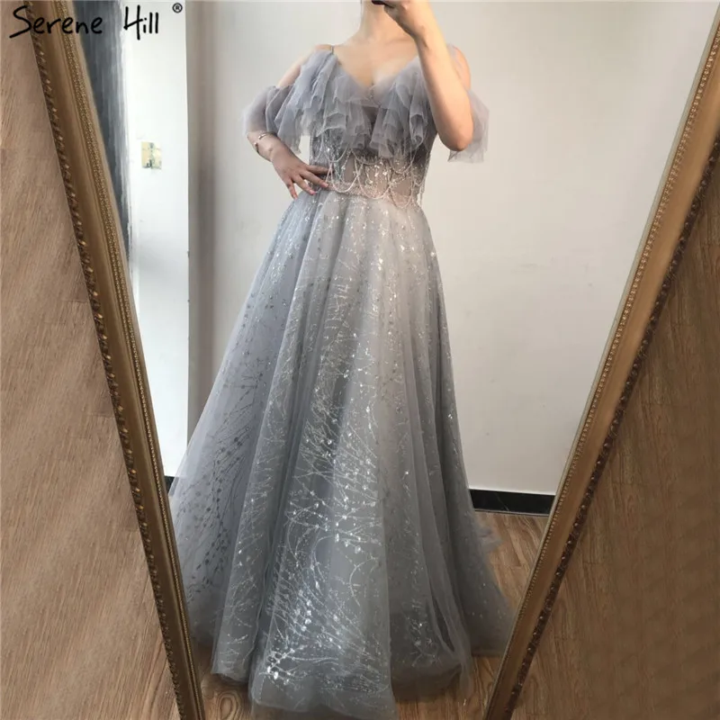 Реальное фото серое А-образное сексуальное вечернее платье с коротким рукавом, бисероплетение, кисточка, вечерние платья Serene hilm LA70112 - Цвет: grey