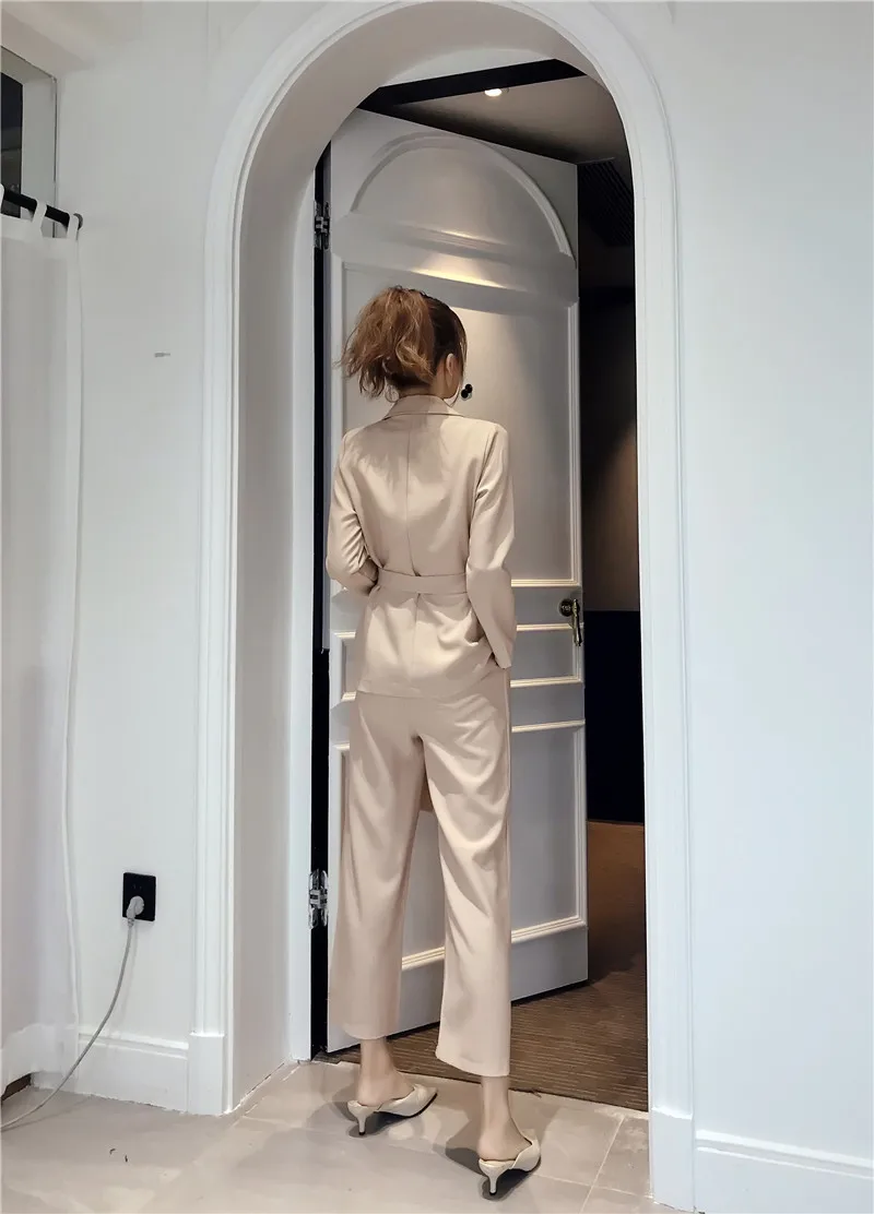 HziriP Brief шикарный 2019 новый осенний офисный женский пояс однотонный OL блейзеры + винтажная свободная длина по щиколотку брюки комплект из 2