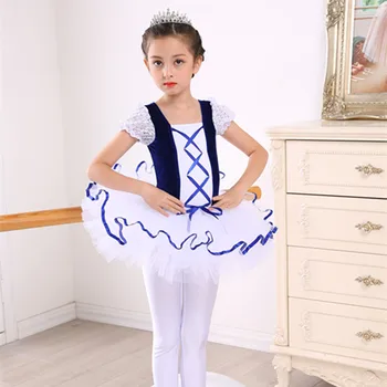

2020 Newest Girls Ballerina Dress Child Blue Short Sleeve Lace Velet White Tulle Tutu Ballet Kids Party Performance Dance skiry