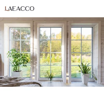 

Laeacco Cozy Life Living Room French Window Spring Potted Plants Park Interior Photographic Background Photo Backdrop Photocall