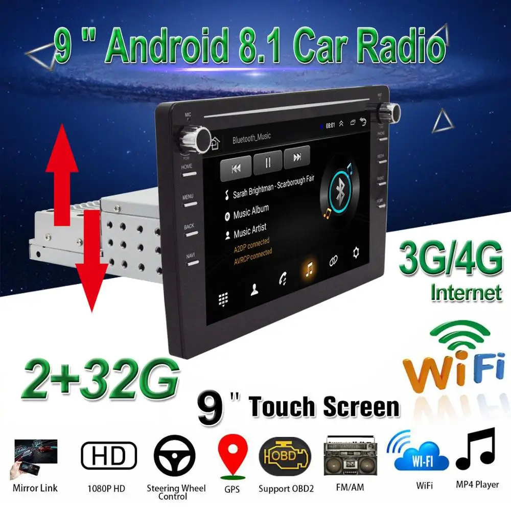 

9" Android 8.1 Car Multimedia Player with Up Down Adjustable Screen WiFi/3G/4G BT GPS 1DIN/2DIN Car Radio stereo Car DVD Player